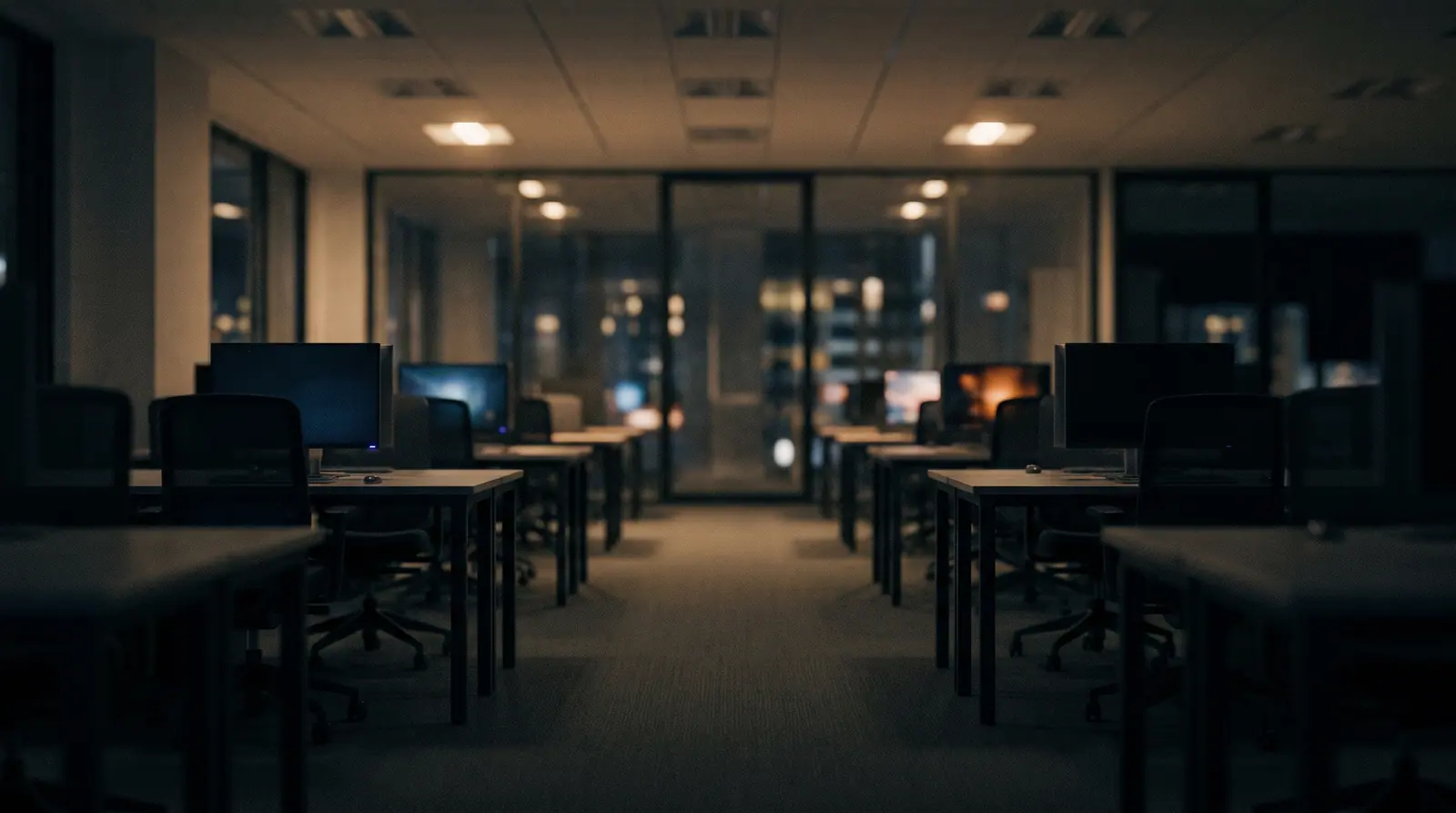 An empty office at night with monitors still glowing: the work carries on
