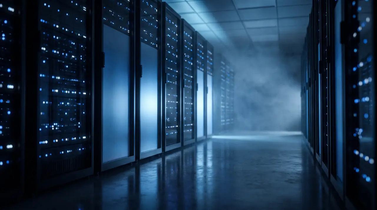 A modern data centre aisle at night