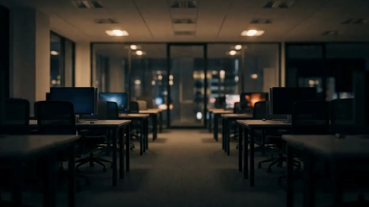An office at night, desks and monitors glowing, city lights beyond the windows