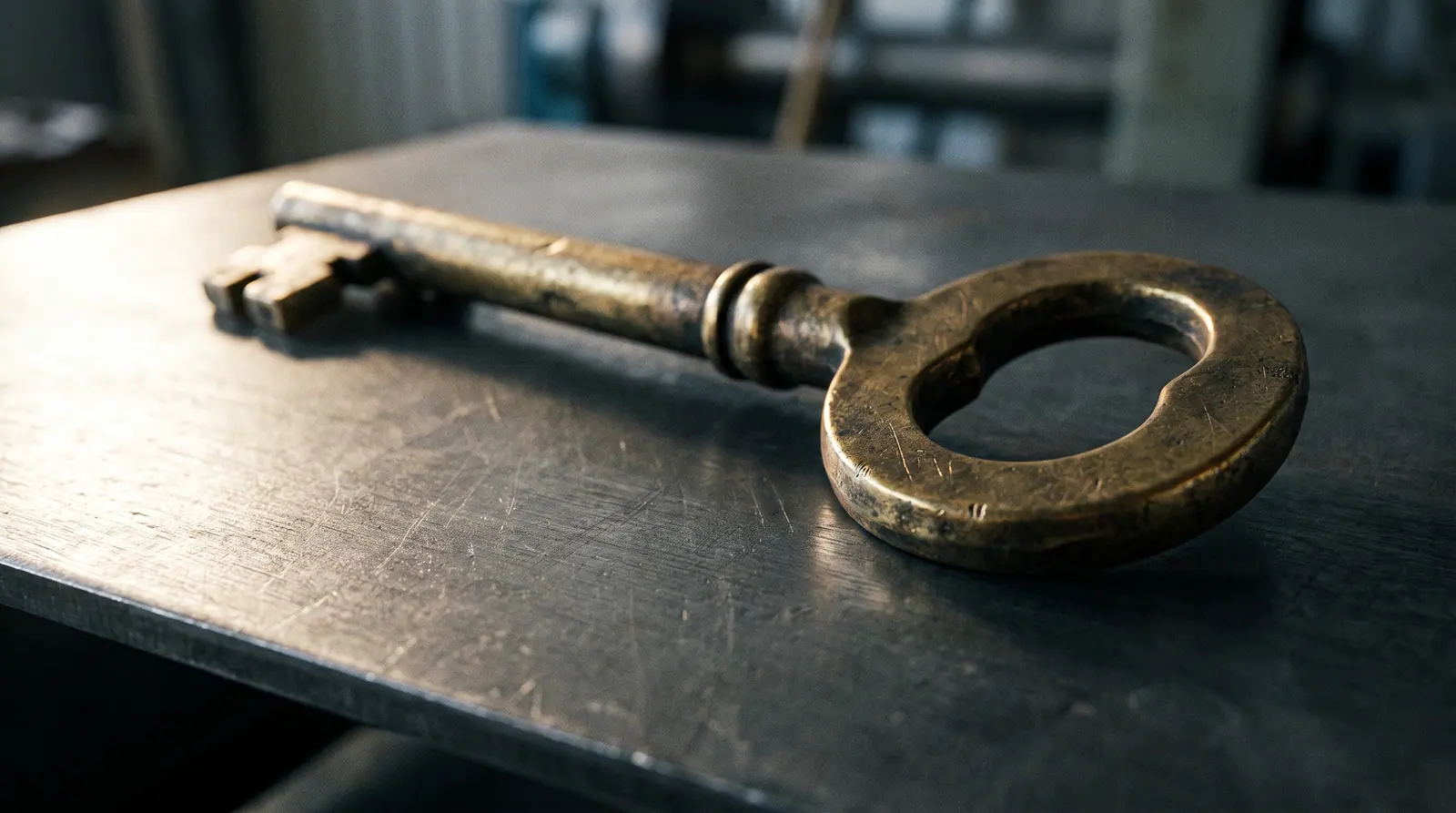 A single brass key on brushed steel