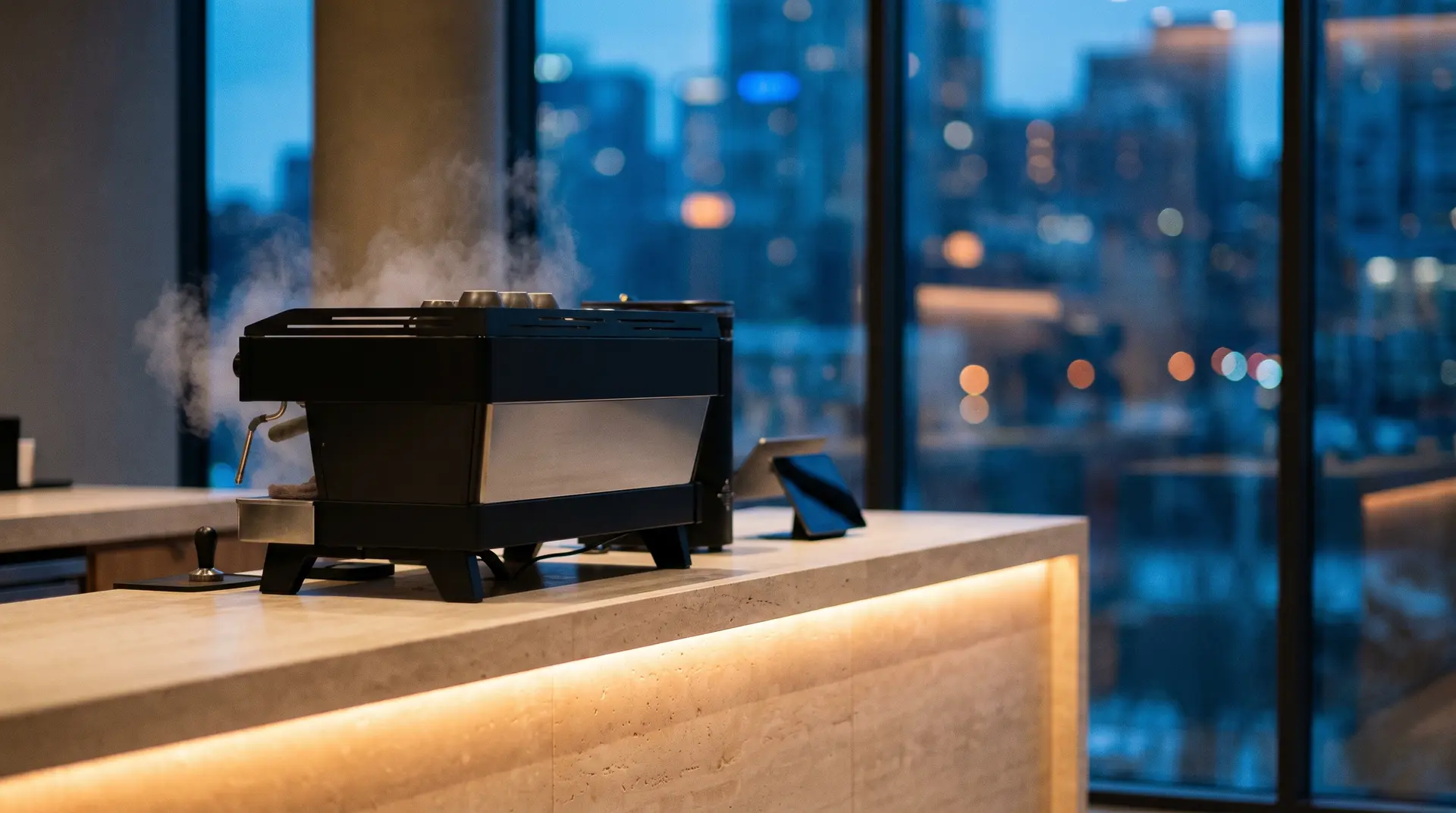 Steam rising from a modern espresso machine in a minimalist coffee bar at dusk