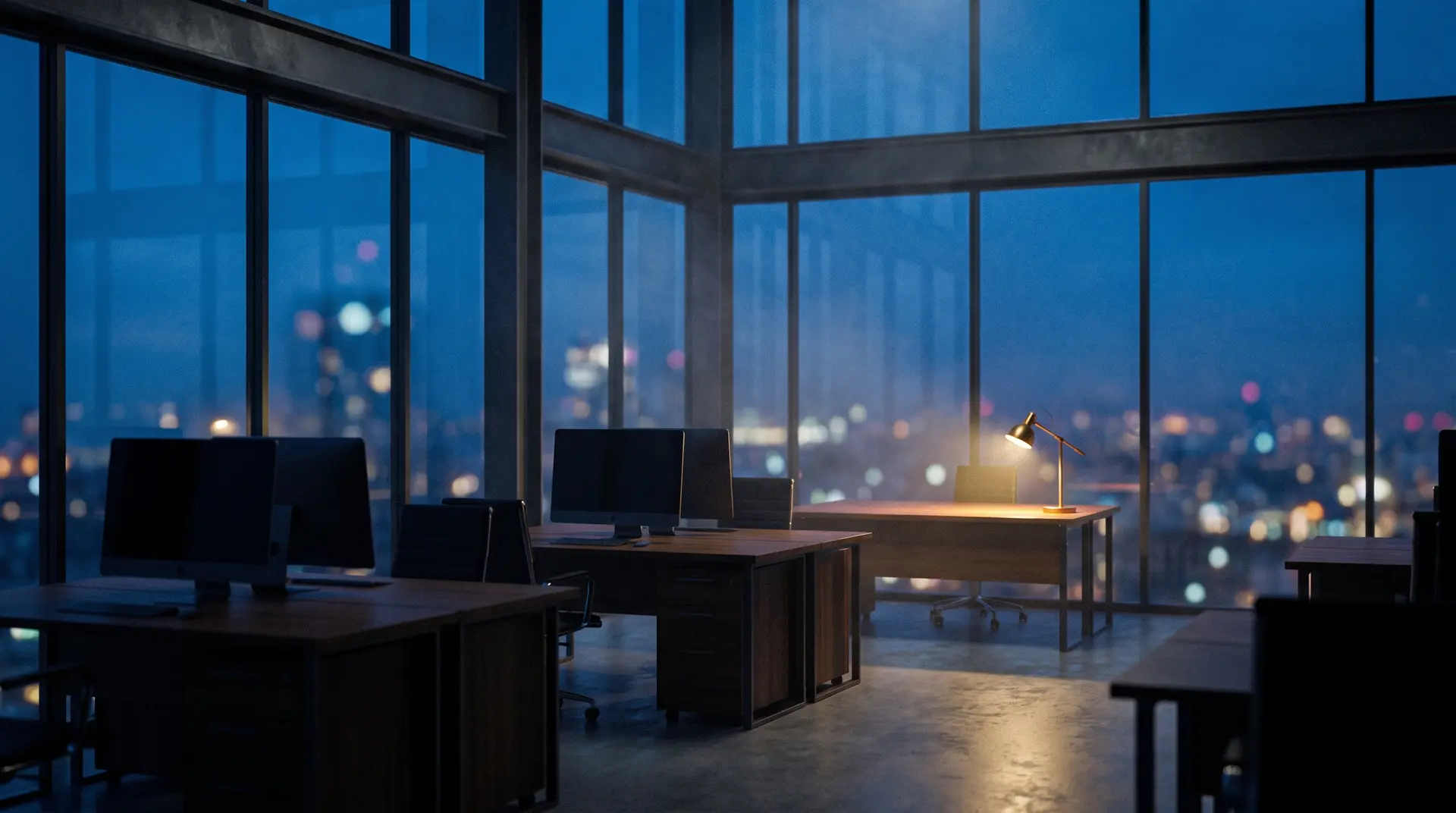 A modern glass-walled office at blue hour, desk lamp glowing among dark monitors