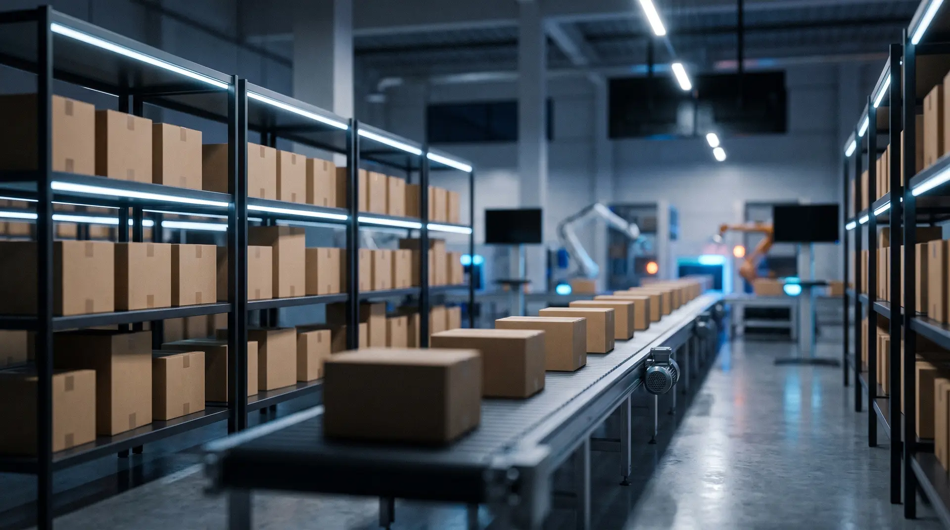A conveyor of plain parcels moving through a modern automated fulfilment centre