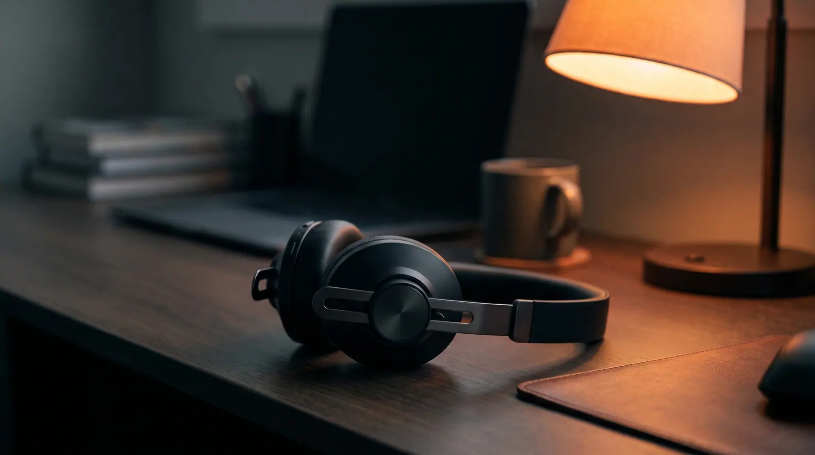 An office headset beside a warm desk lamp