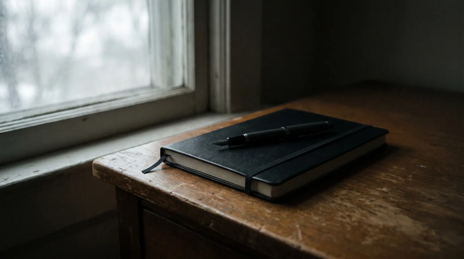 A closed leather planner with a fountain pen