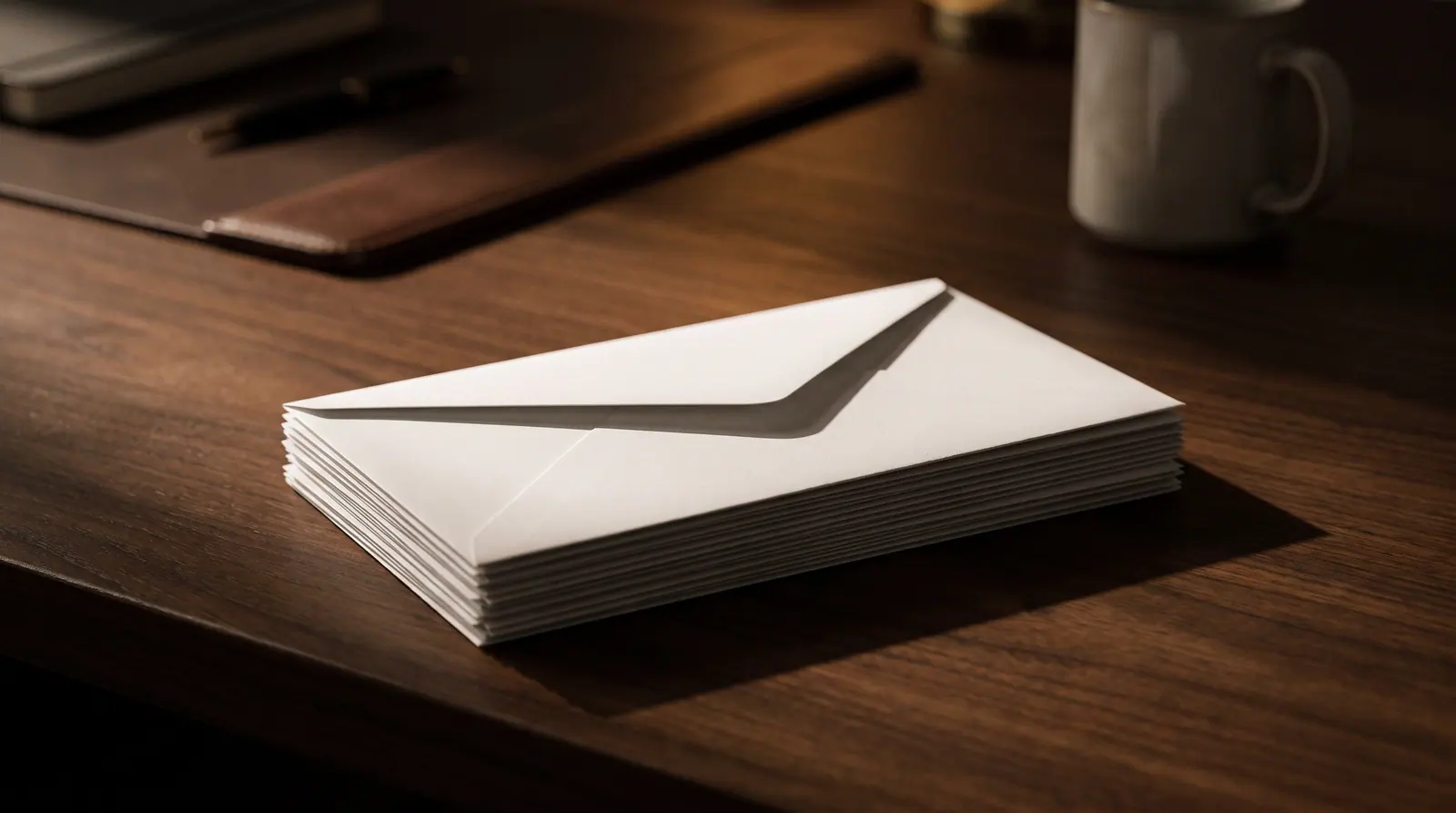 A stack of envelopes on a dark desk
