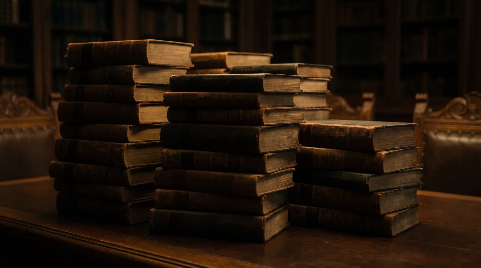 Stacks of hardback books in low library light